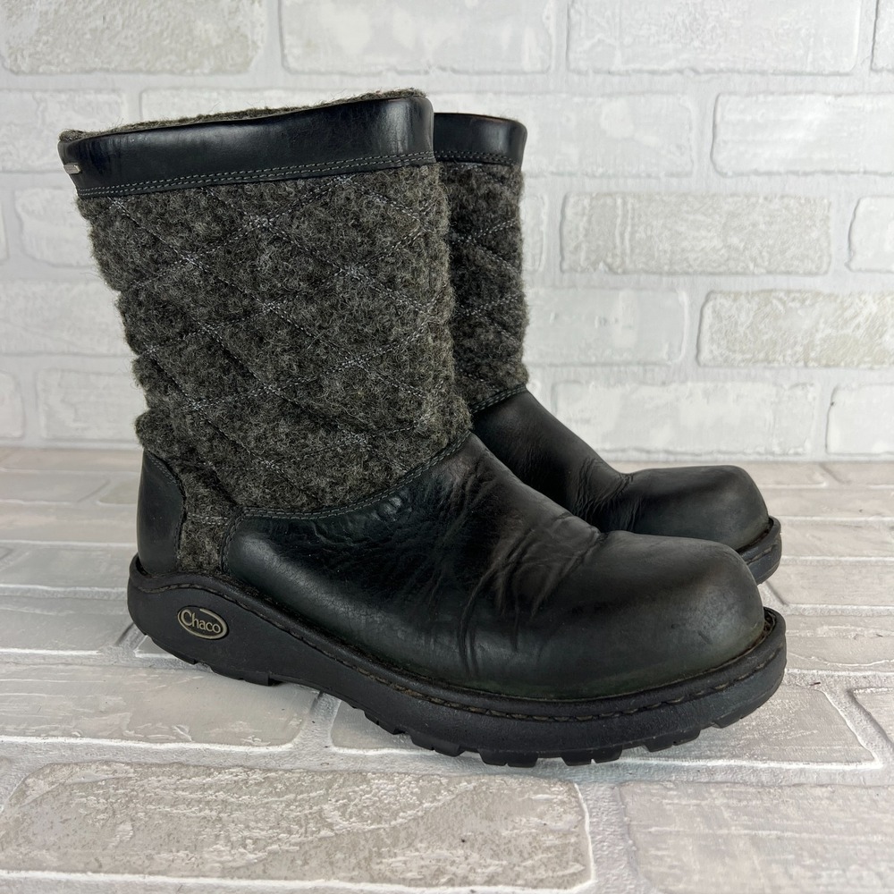 Chaco‎ Waterproof Boots Womens 9.5 Black Gray Quilted Arbora Wool Leather Vibram